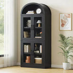 Bibliothèque arquée avec portes, armoire de présentation de style ferme de 71,4 pouces de haut, étagères de rangement profondes, accents en verre, étagère de présentation en bois pour la maison, blanc
