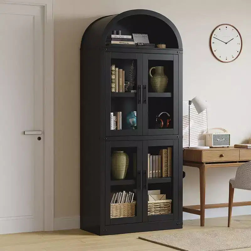 Bibliothèque arquée avec portes, armoire de présentation de style ferme de 71,4 pouces de haut, étagères de rangement profondes, accents en verre, étagère de présentation en bois pour la maison, blanc