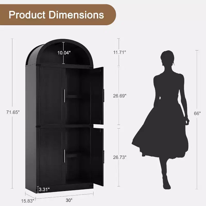 Bibliothèque arquée avec portes, armoire de présentation de style ferme de 71,4 pouces de haut, étagères de rangement profondes, accents en verre, étagère de présentation en bois pour la maison, blanc