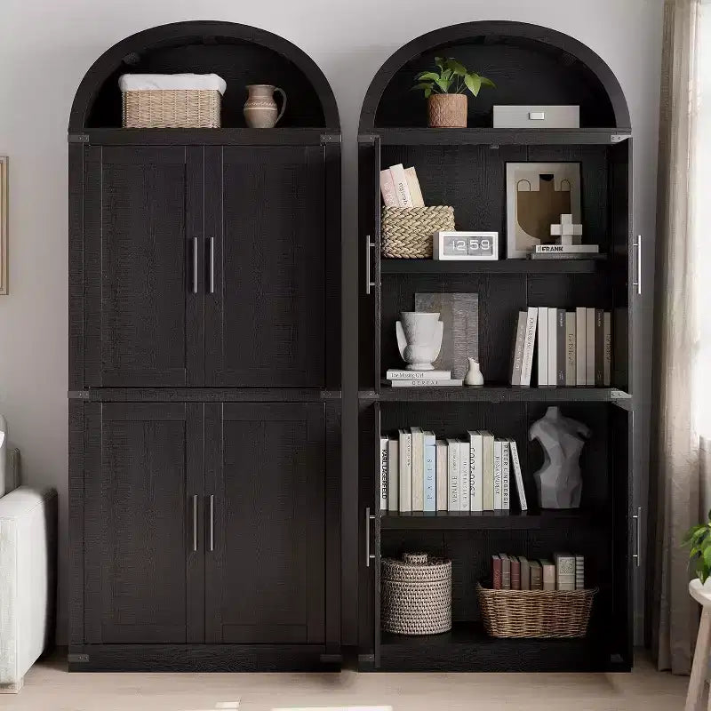 Bibliothèque arquée avec portes, armoire de présentation de style ferme de 71,4 pouces de haut, étagères de rangement profondes, accents en verre, étagère de présentation en bois pour la maison, blanc