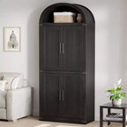 Bibliothèque arquée avec portes, armoire de présentation de style ferme de 71,4 pouces de haut, étagères de rangement profondes, accents en verre, étagère de présentation en bois pour la maison, blanc