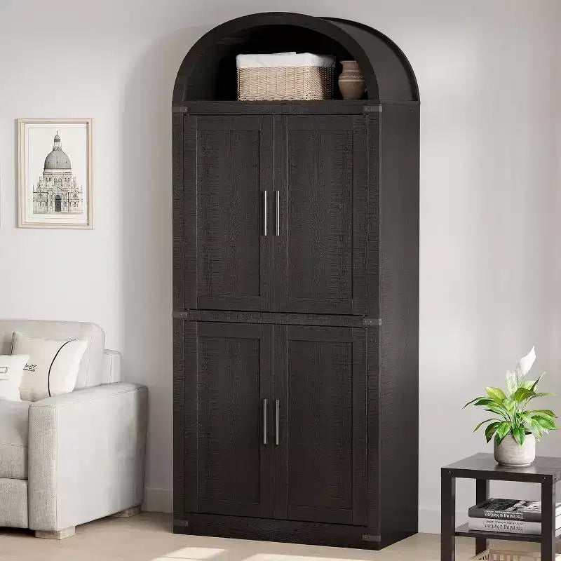 Bibliothèque arquée avec portes, armoire de présentation de style ferme de 71,4 pouces de haut, étagères de rangement profondes, accents en verre, étagère de présentation en bois pour la maison, blanc