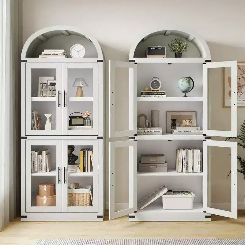 Bibliothèque arquée avec portes, armoire de présentation de style ferme de 71,4 pouces de haut, étagères de rangement profondes, accents en verre, étagère de présentation en bois pour la maison, blanc