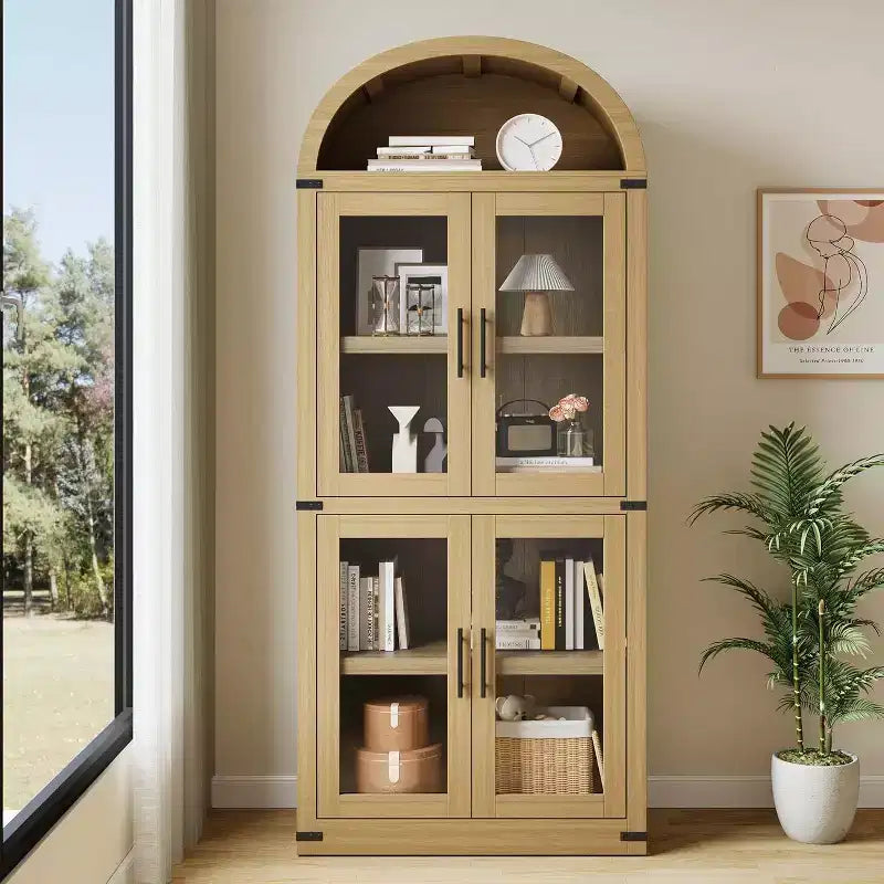 Bibliothèque arquée avec portes, armoire de présentation de style ferme de 71,4 pouces de haut, étagères de rangement profondes, accents en verre, étagère de présentation en bois pour la maison, blanc