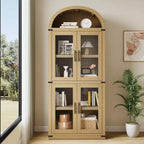 Bibliothèque arquée avec portes, armoire de présentation de style ferme de 71,4 pouces de haut, étagères de rangement profondes, accents en verre, étagère de présentation en bois pour la maison, blanc