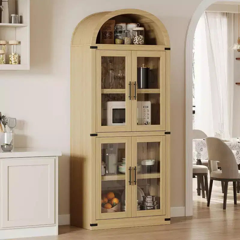 Bibliothèque arquée avec portes, armoire de présentation de style ferme de 71,4 pouces de haut, étagères de rangement profondes, accents en verre, étagère de présentation en bois pour la maison, blanc