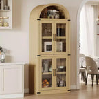 Bibliothèque arquée avec portes, armoire de présentation de style ferme de 71,4 pouces de haut, étagères de rangement profondes, accents en verre, étagère de présentation en bois pour la maison, blanc