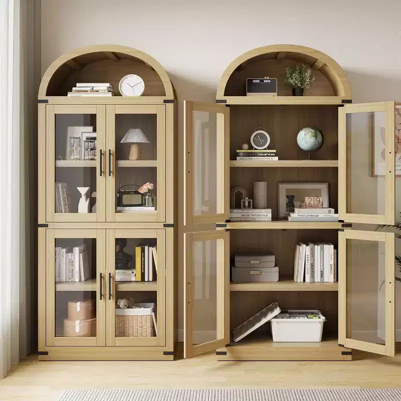 Bibliothèque arquée avec portes, armoire de présentation de style ferme de 71,4 pouces de haut, étagères de rangement profondes, accents en verre, étagère de présentation en bois pour la maison, blanc