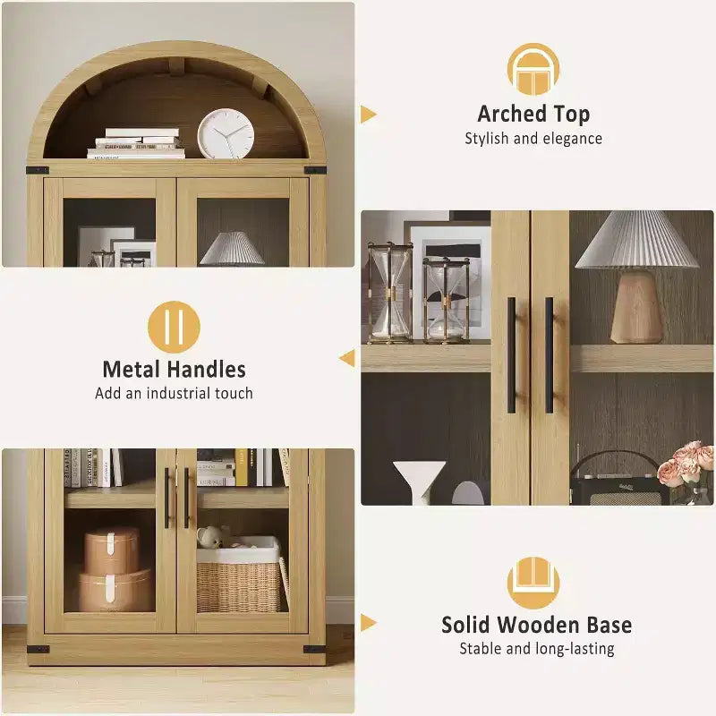 Bibliothèque arquée avec portes, armoire de présentation de style ferme de 71,4 pouces de haut, étagères de rangement profondes, accents en verre, étagère de présentation en bois pour la maison, blanc