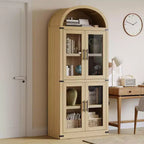 Bibliothèque arquée avec portes, armoire de présentation de style ferme de 71,4 pouces de haut, étagères de rangement profondes, accents en verre, étagère de présentation en bois pour la maison, blanc