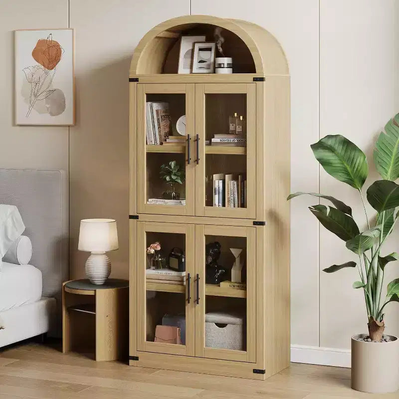 Bibliothèque arquée avec portes, armoire de présentation de style ferme de 71,4 pouces de haut, étagères de rangement profondes, accents en verre, étagère de présentation en bois pour la maison, blanc