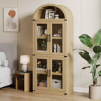 Bibliothèque arquée avec portes, armoire de présentation de style ferme de 71,4 pouces de haut, étagères de rangement profondes, accents en verre, étagère de présentation en bois pour la maison, blanc