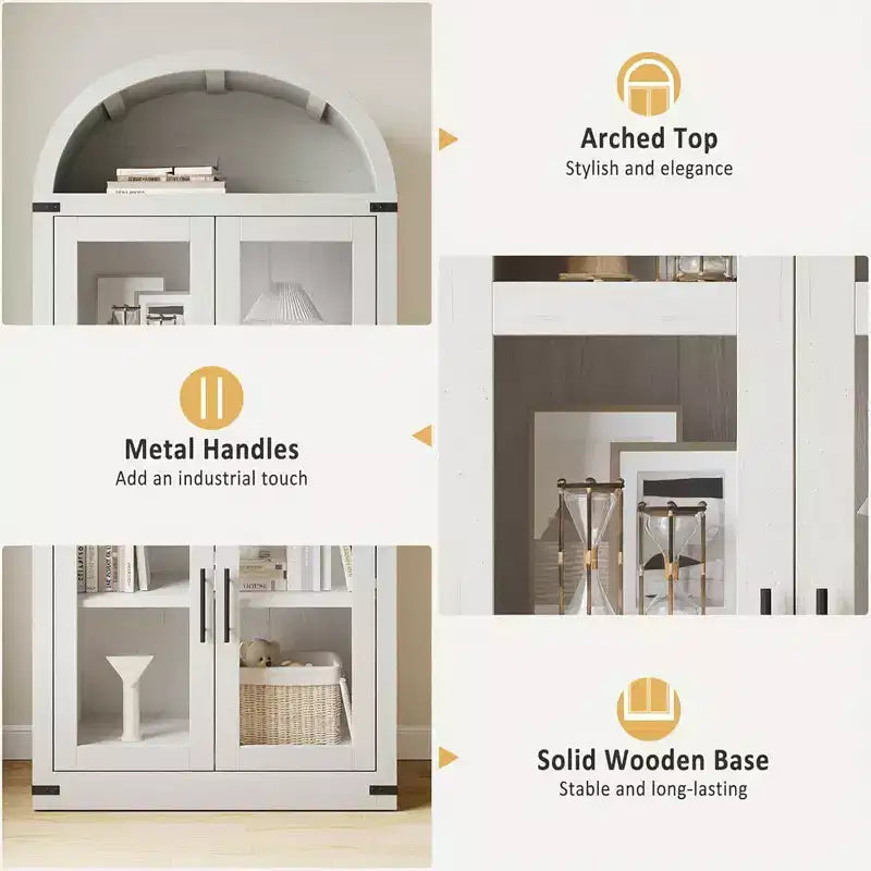 Bibliothèque arquée avec portes, armoire de présentation de style ferme de 71,4 pouces de haut, étagères de rangement profondes, accents en verre, étagère de présentation en bois pour la maison, blanc