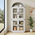 Bibliothèque arquée avec portes, armoire de présentation de style ferme de 71,4 pouces de haut, étagères de rangement profondes, accents en verre, étagère de présentation en bois pour la maison, blanc