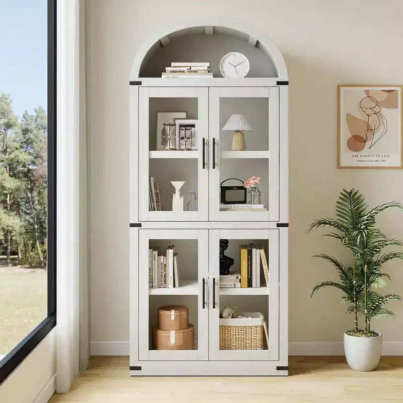 Bibliothèque arquée avec portes, armoire de présentation de style ferme de 71,4 pouces de haut, étagères de rangement profondes, accents en verre, étagère de présentation en bois pour la maison, blanc