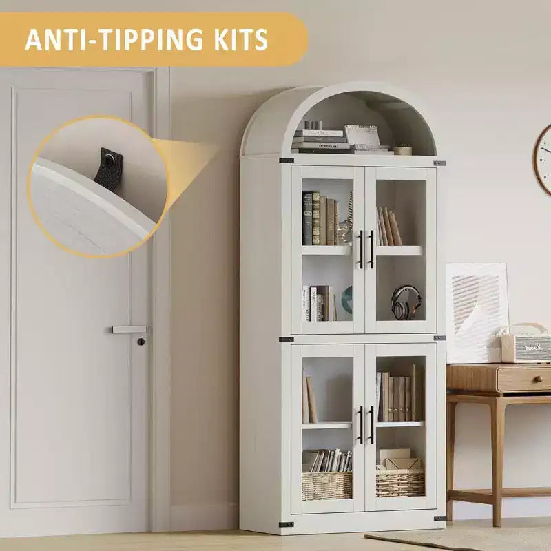 Bibliothèque arquée avec portes, armoire de présentation de style ferme de 71,4 pouces de haut, étagères de rangement profondes, accents en verre, étagère de présentation en bois pour la maison, blanc