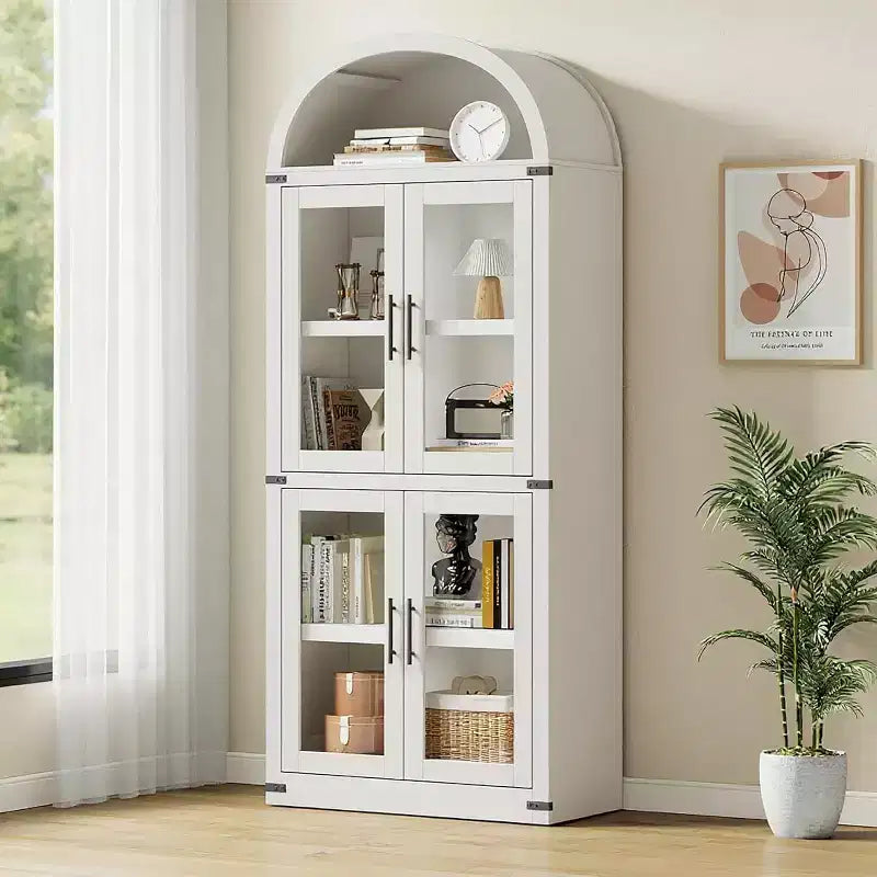 Bibliothèque arquée avec portes, armoire de présentation de style ferme de 71,4 pouces de haut, étagères de rangement profondes, accents en verre, étagère de présentation en bois pour la maison, blanc