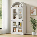 Bibliothèque arquée avec portes, armoire de présentation de style ferme de 71,4 pouces de haut, étagères de rangement profondes, accents en verre, étagère de présentation en bois pour la maison, blanc