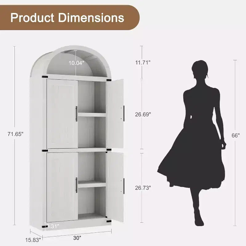 Bibliothèque arquée avec portes, armoire de présentation de style ferme de 71,4 pouces de haut, étagères de rangement profondes, accents en verre, étagère de présentation en bois pour la maison, blanc