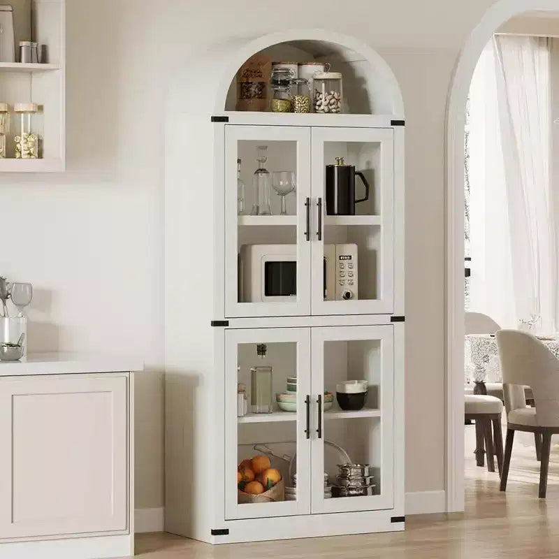 Acekool Arched Bookcase with Doors, 71.4 Tall Farmhouse Display Cabinet, Deep Storage Shelves, Glass Accents, Wooden Display Rack for Home, White
