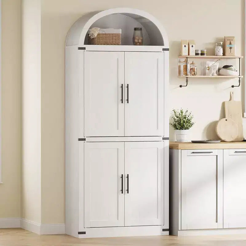 Bibliothèque arquée avec portes, armoire de présentation de style ferme de 71,4 pouces de haut, étagères de rangement profondes, accents en verre, étagère de présentation en bois pour la maison, blanc