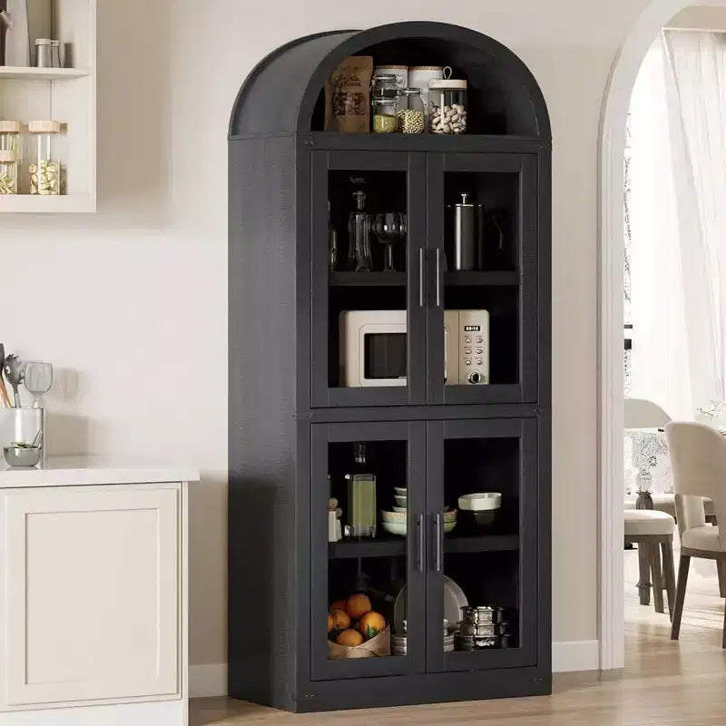 Bibliothèque arquée avec portes, armoire de présentation de style ferme de 71,4 pouces de haut, étagères de rangement profondes, accents en verre, étagère de présentation en bois pour la maison, blanc