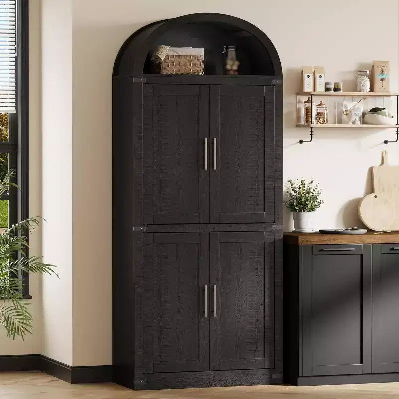 Bibliothèque arquée avec portes, armoire de présentation de style ferme de 71,4 pouces de haut, étagères de rangement profondes, accents en verre, étagère de présentation en bois pour la maison, blanc