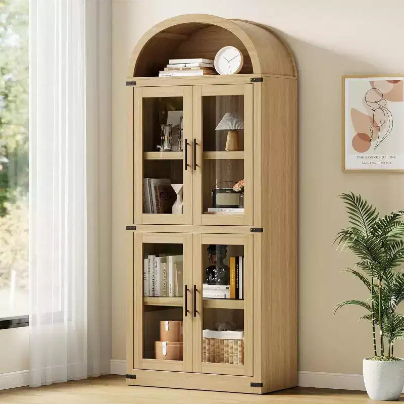 Bibliothèque arquée avec portes, armoire de présentation de style ferme de 71,4 pouces de haut, étagères de rangement profondes, accents en verre, étagère de présentation en bois pour la maison, blanc