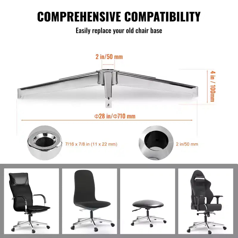 Base de rechange pour chaise de bureau, 28 po, capacité de charge statique de 2 500 lb, pièce de base universelle robuste pour chaise de bureau d'ordinateur, argent