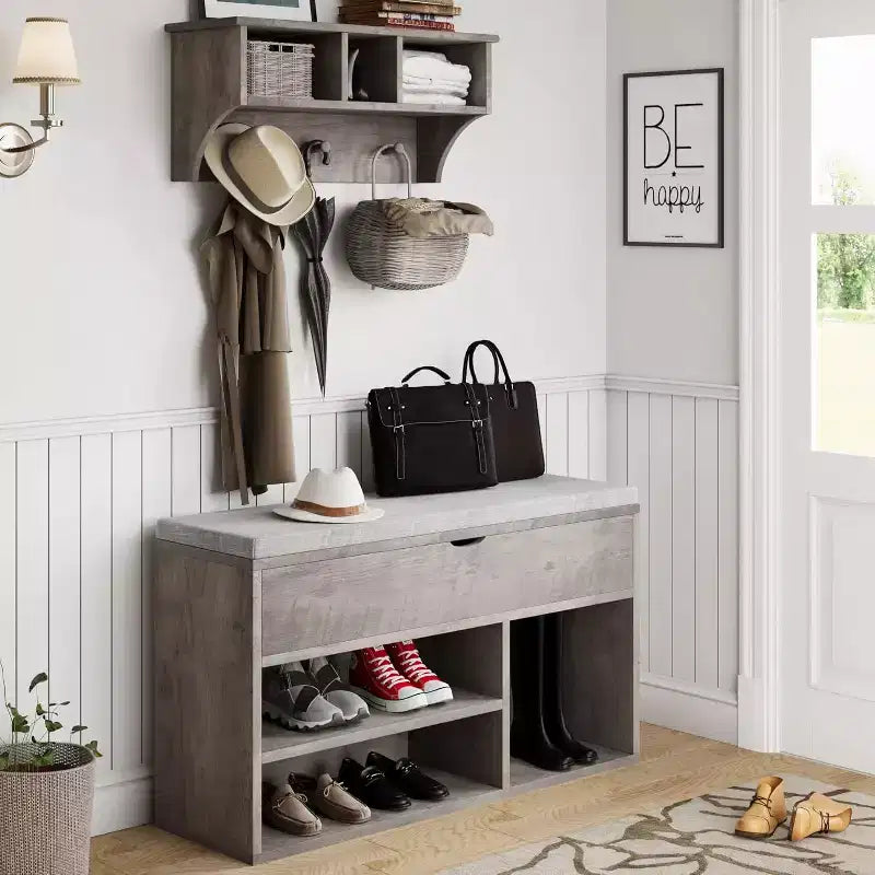 Banc à chaussures avec coussin, banc d'entrée avec étagère réglable, banc à chaussures de rangement dissimulé, étagère à chaussures en bois, pour entrée, couloir