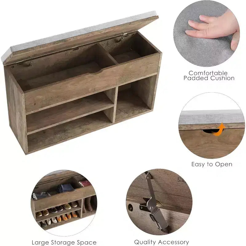 Banc à chaussures avec coussin, banc d'entrée avec étagère réglable, banc à chaussures de rangement dissimulé, étagère à chaussures en bois, pour entrée, couloir