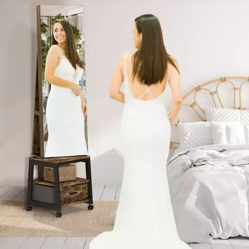 Armoire à bijoux pivotante à 360° avec lumières LED, miroir de maquillage intérieur, miroir rotatif pleine longueur avec rangement de bijoux, meuble à bijoux verrouillable sur pied