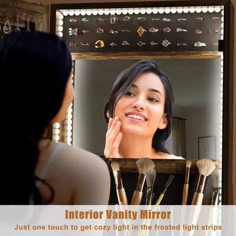 Armoire à bijoux pivotante à 360° avec lumières LED, miroir de maquillage intérieur, miroir rotatif pleine longueur avec rangement de bijoux, meuble à bijoux verrouillable sur pied