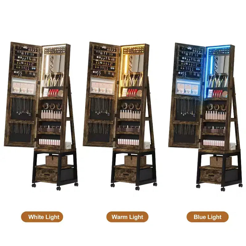 Armoire à bijoux pivotante à 360° avec lumières LED, miroir de maquillage intérieur, miroir rotatif pleine longueur avec rangement de bijoux, meuble à bijoux verrouillable sur pied