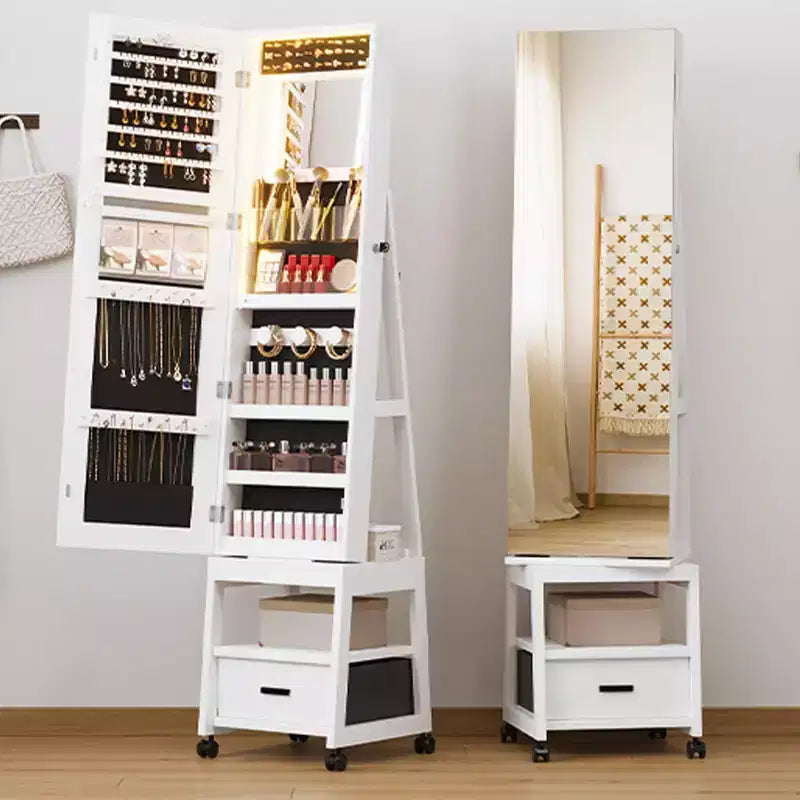 Armoire à bijoux pivotante à 360° avec lumières LED, miroir de maquillage intérieur, miroir rotatif pleine longueur avec rangement de bijoux, meuble à bijoux verrouillable sur pied