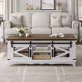 GustoWave 48 Farmhouse Coffee Table, Rectangular Center Table with Sliding Doors & Adjustable Shelves for Living Room, White/Walnut
