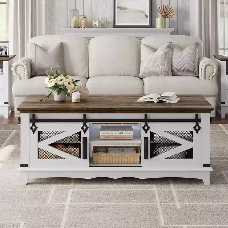 GustoWave 48 Farmhouse Coffee Table, Rectangular Center Table with Sliding Doors & Adjustable Shelves for Living Room, White/Walnut