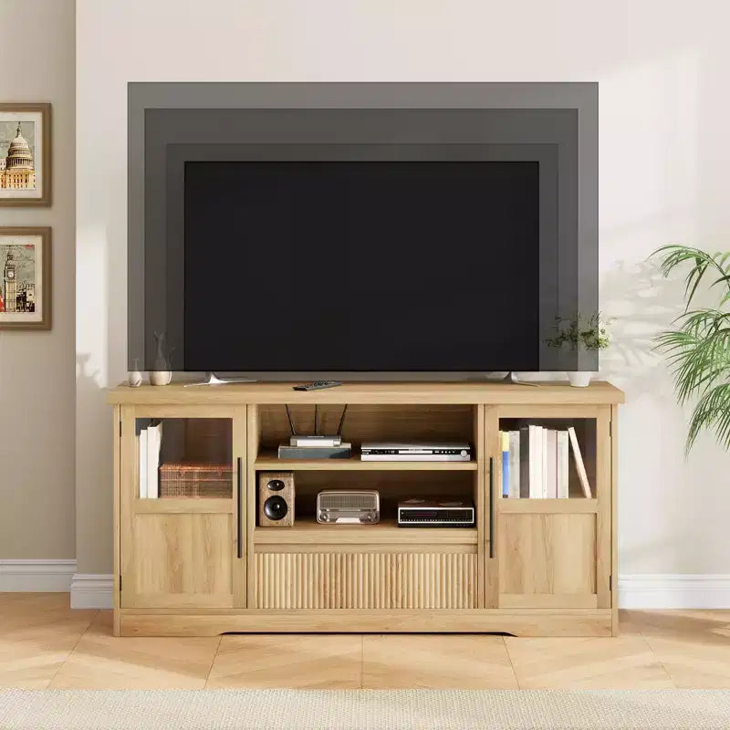 Meuble TV de ferme de 63 pouces pour téléviseurs jusqu'à 72 pouces, meuble de divertissement à motif vague avec 2 armoires à portes vitrées et 2 étagères ouvertes, en bois robuste