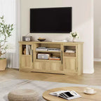Meuble TV de ferme de 63 pouces pour téléviseurs jusqu'à 72 pouces, meuble de divertissement à motif vague avec 2 armoires à portes vitrées et 2 étagères ouvertes, en bois robuste