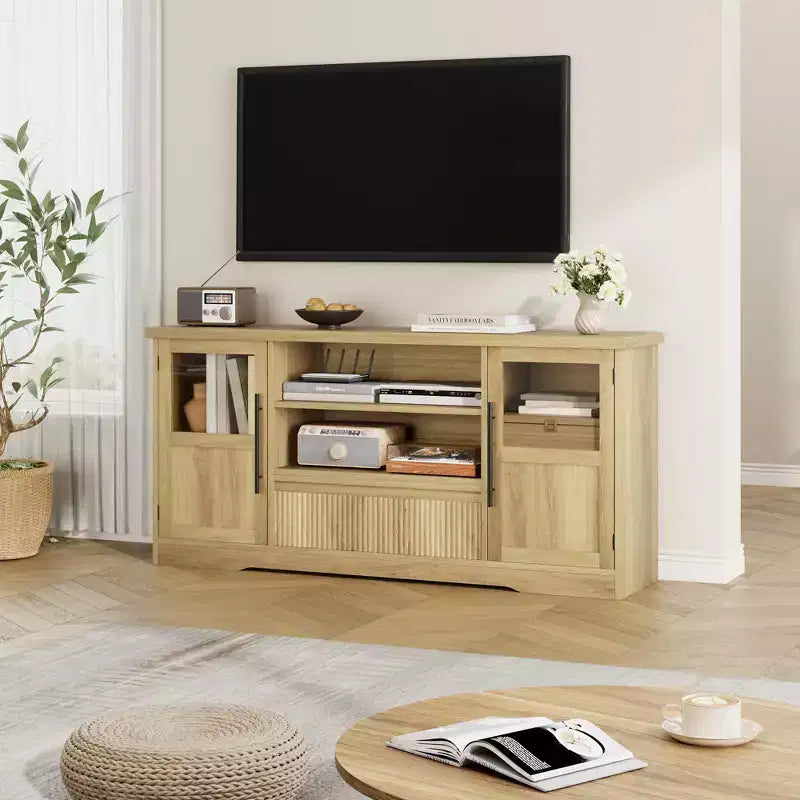 Meuble TV de ferme de 63 pouces pour téléviseurs jusqu'à 72 pouces, meuble de divertissement à motif vague avec 2 armoires à portes vitrées et 2 étagères ouvertes, en bois robuste