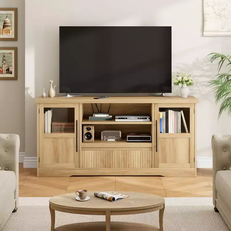 Meuble TV de ferme de 63 pouces pour téléviseurs jusqu'à 72 pouces, meuble de divertissement à motif vague avec 2 armoires à portes vitrées et 2 étagères ouvertes, en bois robuste