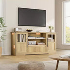 Meuble TV de ferme de 63 pouces pour téléviseurs jusqu'à 72 pouces, meuble de divertissement à motif vague avec 2 armoires à portes vitrées et 2 étagères ouvertes, en bois robuste