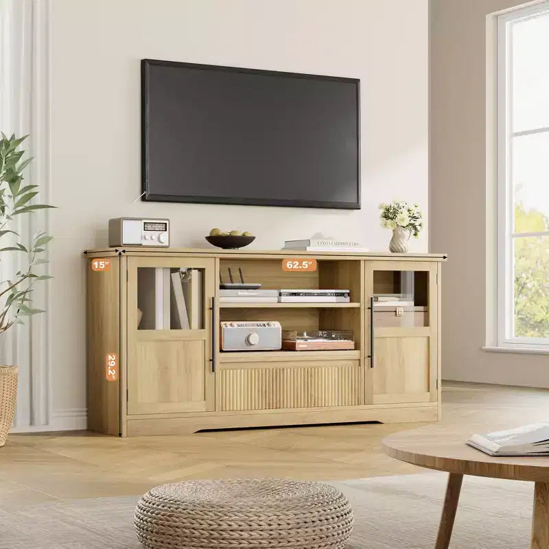 Meuble TV de ferme de 63 pouces pour téléviseurs jusqu'à 72 pouces, meuble de divertissement à motif vague avec 2 armoires à portes vitrées et 2 étagères ouvertes, en bois robuste