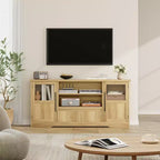 Meuble TV de ferme de 63 pouces pour téléviseurs jusqu'à 72 pouces, meuble de divertissement à motif vague avec 2 armoires à portes vitrées et 2 étagères ouvertes, en bois robuste