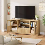 TROPOW 63 Farmhouse TV Stand for TVs Up to 72, Wave Pattern Entertainment Center with 2 Glass Door Cabinets & 2 Open Shelves, Sturdy Wood