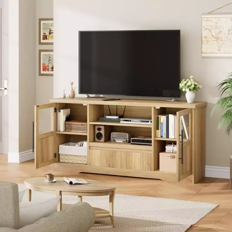 TROPOW 63 Farmhouse TV Stand for TVs Up to 72, Wave Pattern Entertainment Center with 2 Glass Door Cabinets & 2 Open Shelves, Sturdy Wood