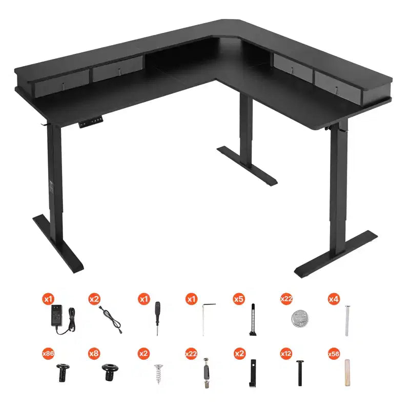 VEVOR L Shaped Desk, Electric Adjustable Height Corner Gaming Desk with CPU Stands, Dual Hooks and Fabric Drawers, L-Shaped Computer Table, Black