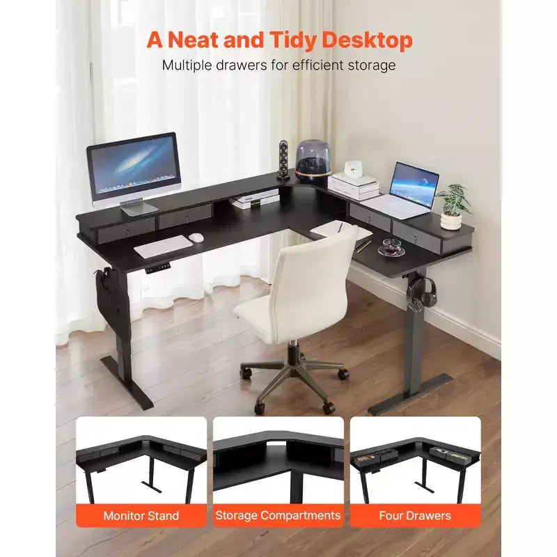 Bureau d'angle en L, bureau de jeu d'angle réglable en hauteur électriquement avec supports d'unité centrale, deux crochets et tiroirs en tissu, table d'ordinateur en L, noir