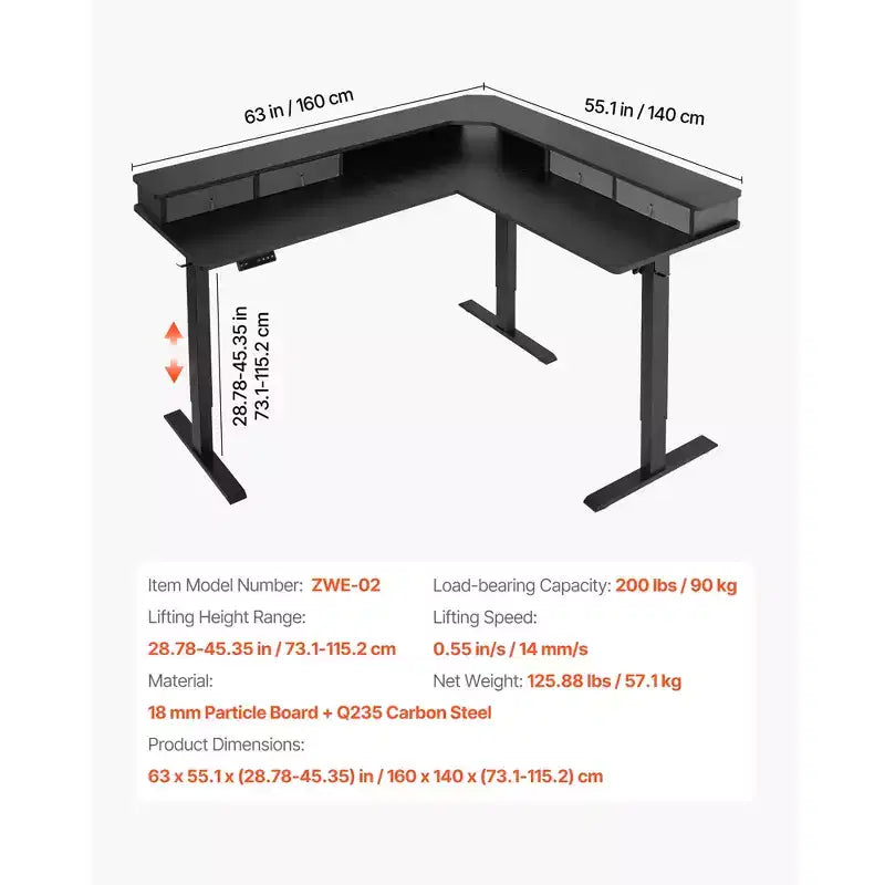 Bureau d'angle en L, bureau de jeu d'angle réglable en hauteur électriquement avec supports d'unité centrale, deux crochets et tiroirs en tissu, table d'ordinateur en L, noir