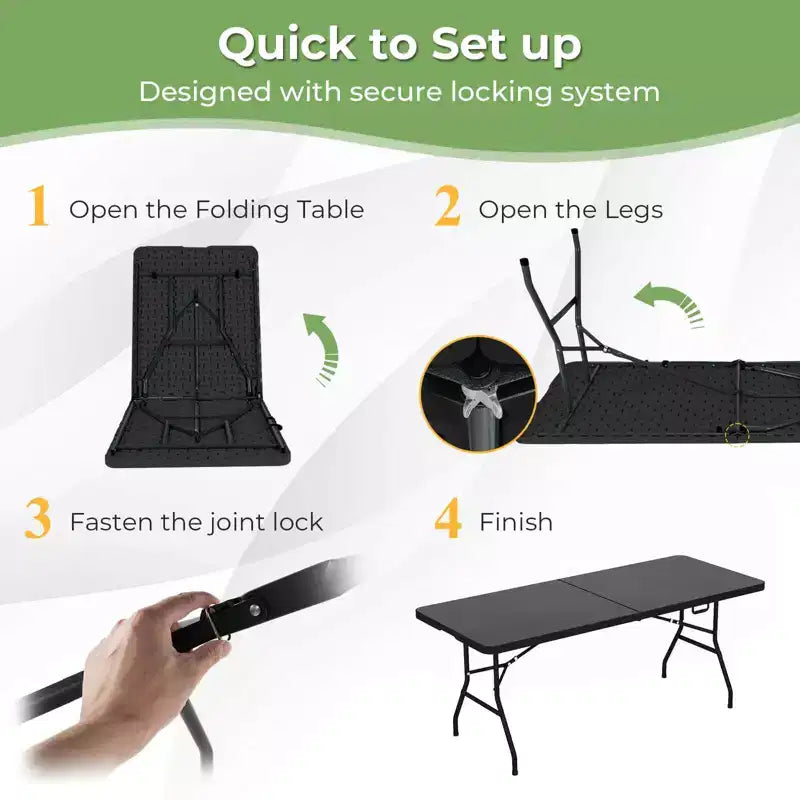 Table Pliante de 6' en Plastique Portable pour Intérieur/Extérieur, Pique-Nique, Fêtes, Camping, Dîner – Blanche/Noire